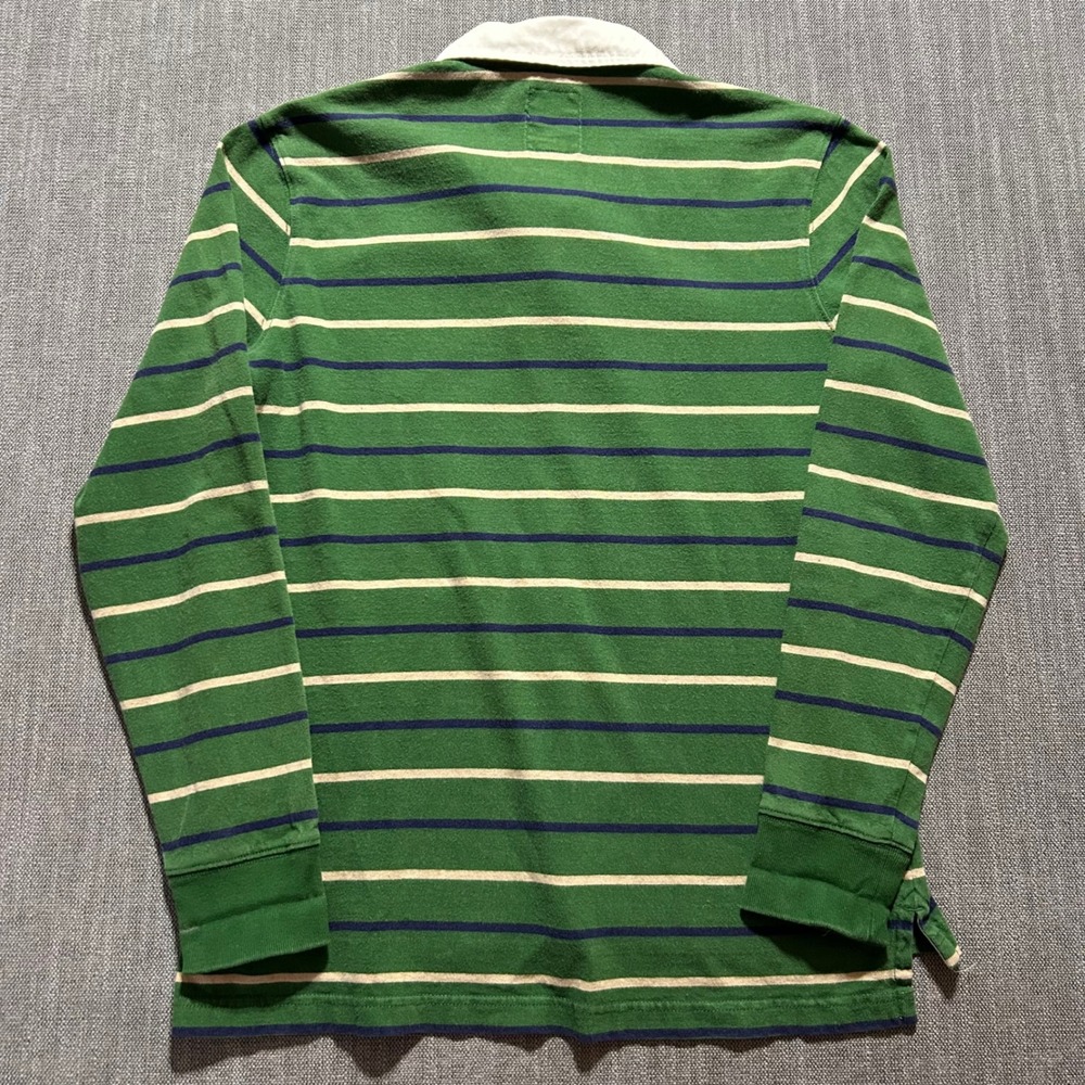 VTG Lands End Rugby Shirt Mens M Green Striped Long Sleeve Contrast Collar - Picture 6 of 9